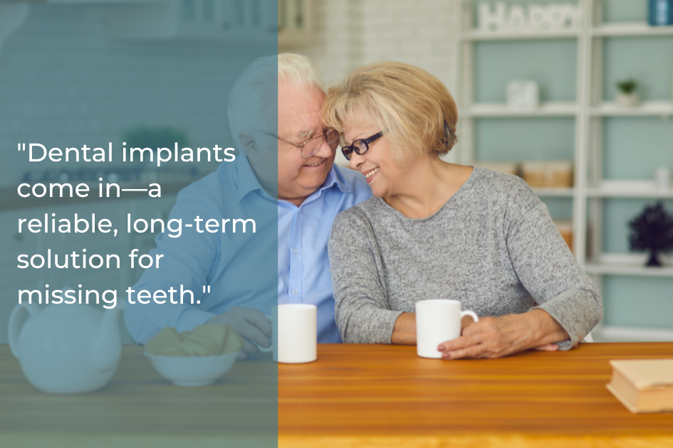 An older couple sits at a table in Austin, smiling and leaning together, each holding a coffee mug, with a quote about dental implants displayed beside them.