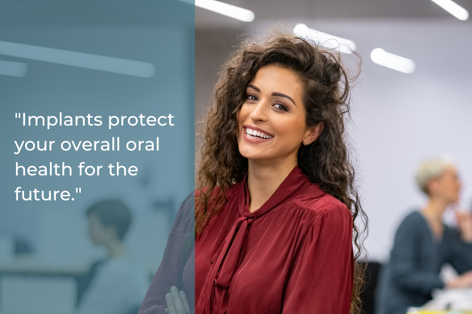 Woman with long curly hair in a red blouse smiles in an Austin office; a quote beside her reads, "Dental implants protect your overall oral health for the future.