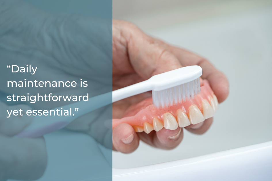 A hand holds and brushes a set of dentures with a white toothbrush; a quote about the importance of daily maintenance is displayed on the left side, offering tips from a comprehensive guide to dentures care in Austin, TX.
