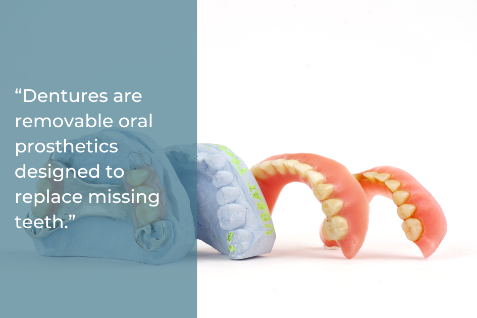 Three dental models display dentures and teeth molds, accompanied by text offering a comprehensive guide to dentures—removable oral prosthetics for missing teeth in Austin, TX.