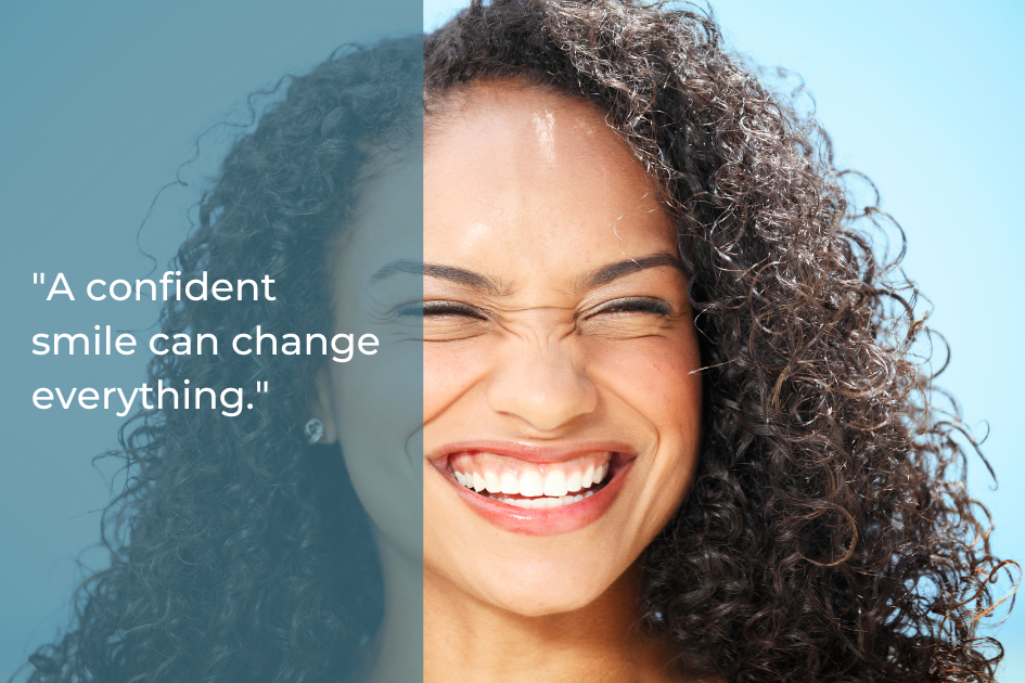 A woman with curly hair smiles brightly outdoors; overlaid text reads, "Austin Cosmetic Dentistry: A confident smile can change everything.