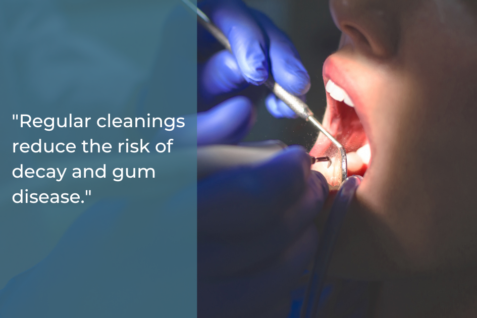 A dentist in Austin wearing blue gloves examines a patient's open mouth with dental tools, alongside text about the benefits of regular dental cleanings and tips to help you choose the right dentist for your needs.